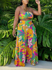 Print Halter Backless Wide Leg Pants Two Piece Set