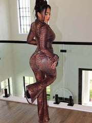 Animal Print Mesh Zip Top and Flared Pants Set