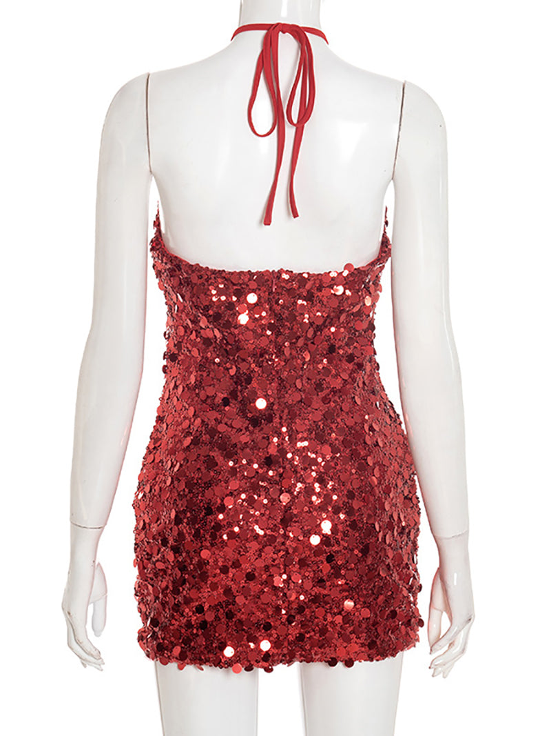 Sexy Halter Lace-up Sequin Party Club Mini Dress