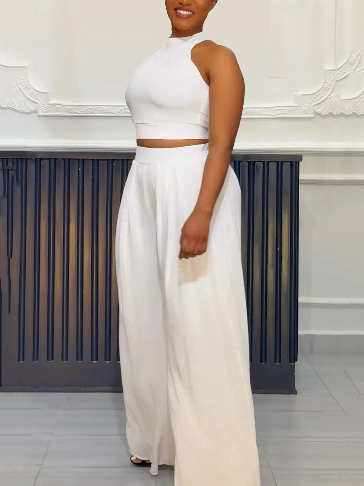 Sexy Pleated Sleeveless Top Wide Leg Pants 2 Piece Set