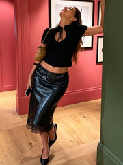 Lace Hem Leather Look Pencil Skirt
