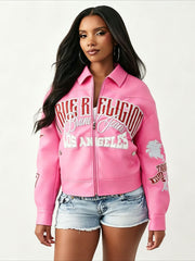 Racing Print Faux Leather Moto Jacket