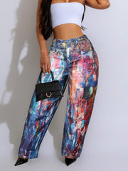 Fashion Print Wide Leg Denim Machete Pants Jeans