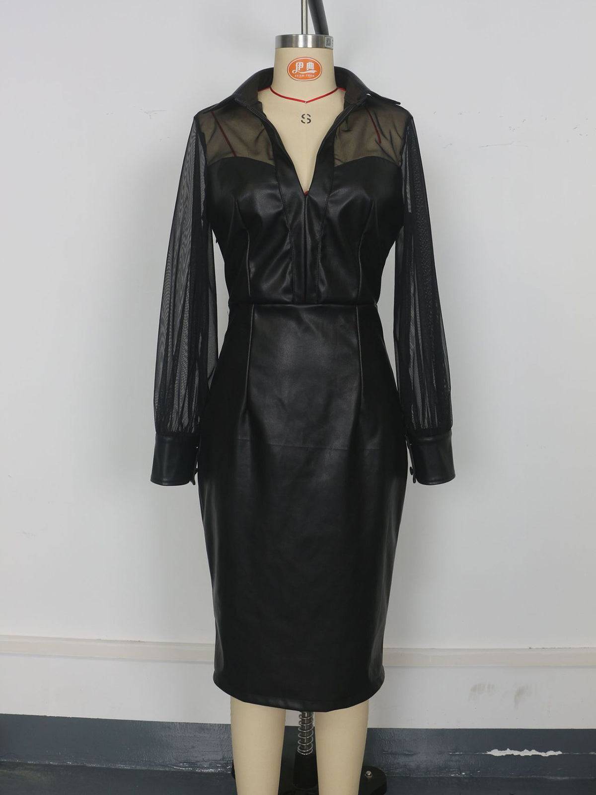 Fashion Mesh Patchwork PU Leather Package Hip Dress