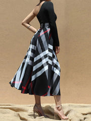 Causal One Shoulder Plaid Print High Waist Slit Dress