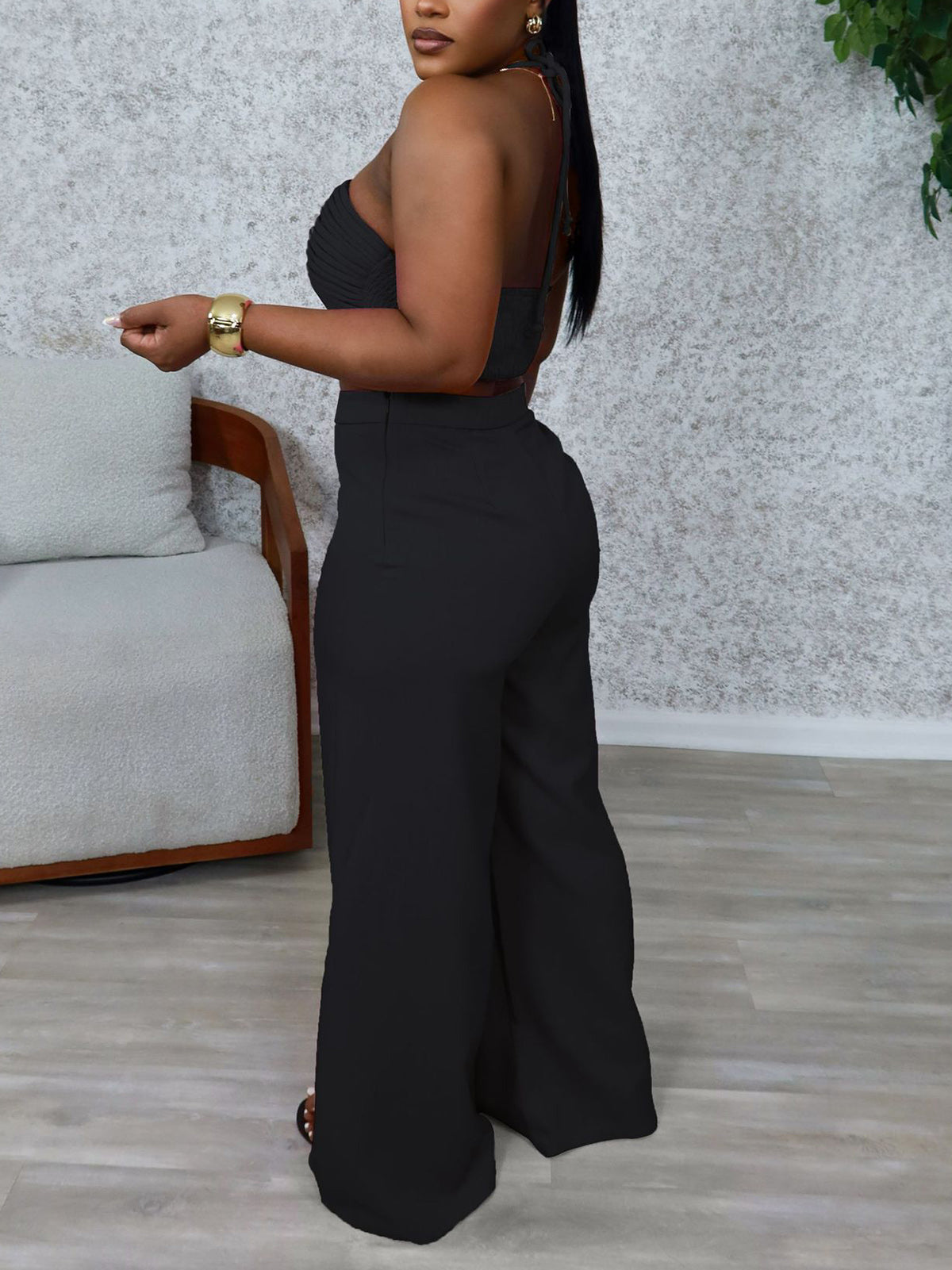 Sexy Halter Crop Tube Top High Waist Wide Leg Pants Set
