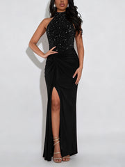Sexy Sleeveless Rhinestones Ruched Slim Split Maxi Dress