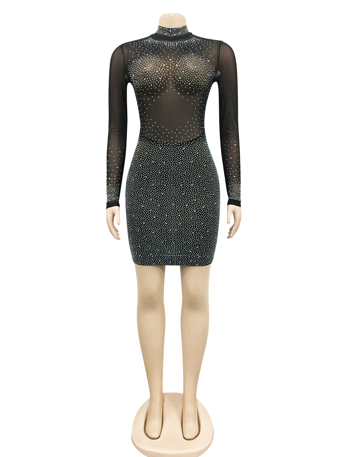 Sexy Rhinestone Sheer Mesh Club Bodycon Mini Dress