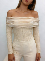 Elegant Off Shoulder Ruched Lace Bodysuit