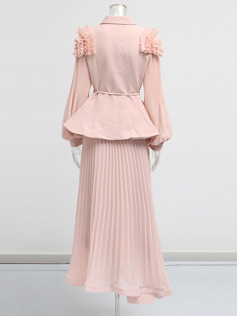 Boutique Lapel Full Sleeves Slim Top And Mesh Skirt Sets