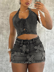 Halter Bandage Denim Top Short Skirt Set