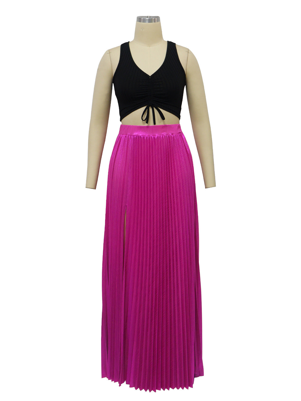 Fashion Metallic Pleated High-Slit Skirt