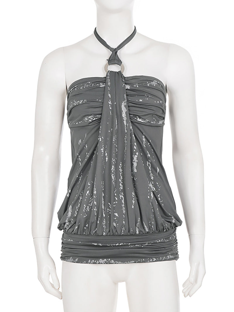 Fashion Print O Ring Ruched Halter Top