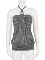 Fashion Print O Ring Ruched Halter Top