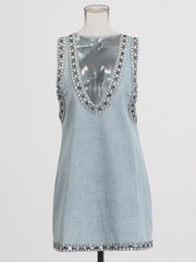 Embellished V Neck Denim Mini Dress-boutique