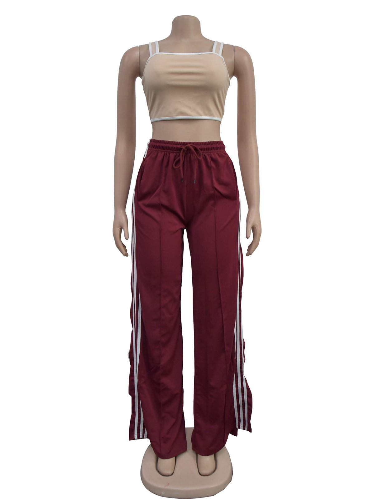 Casual Drawstring Waist Striped Split Hem Pants