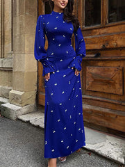 Printed Bell Sleeves Waist Draped Satin Maxi Dress