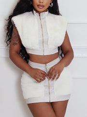 Faux Fur Patchwork Cropped Skirts Sets