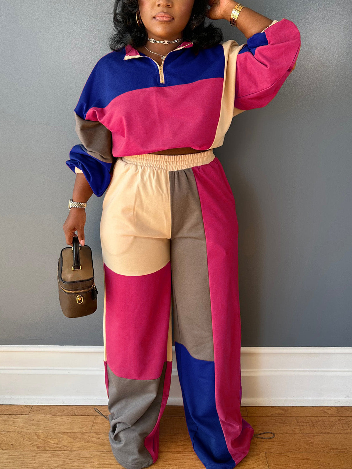 Casual Color Block Patchwork Top And Pants Sets
