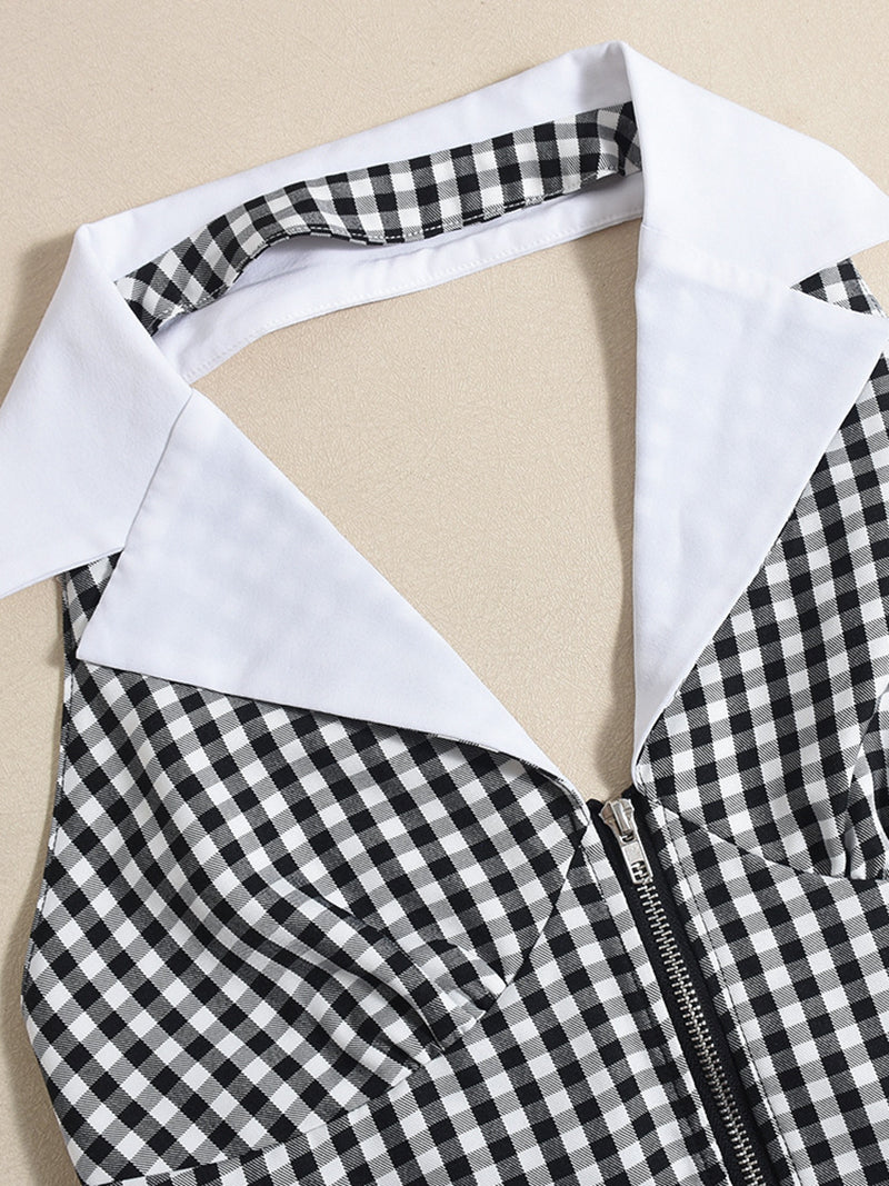 Fashion Plaid Lapel Backless Halter Jumpsuit