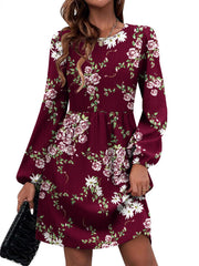Casual Floral Print Long Sleeve Slim Midi Dress