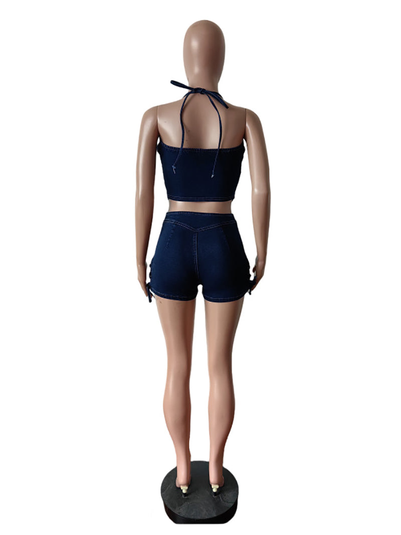 Sexy Stretch Denim Halter Top And Shorts Two Piece Set