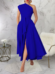 Elegant One Shoulder Pleated Party Maxi Split Dress