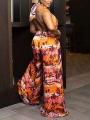 Halter Backless Print Wide Leg Jumpsuit