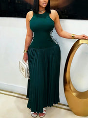 Fashion Striped Sleeveless Pleated Slim Maxi Dress