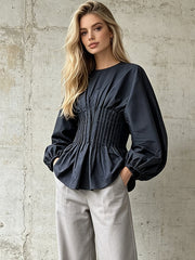 Ruched Waist Balloon Sleeve Blouse-boutique