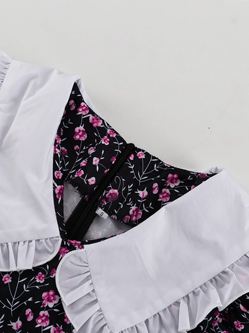 Doll Collar Flower Print Cinched Waist Mini Dress