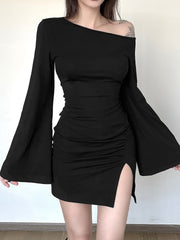 Asymmetric Bell Sleeve Ruched Mini Dress