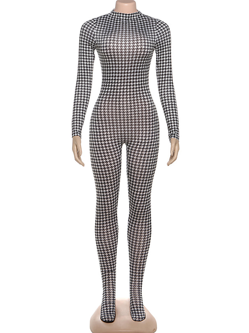 Sexy Houndstooth Print Tighs Jumpsuit