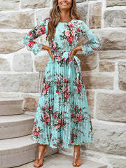 Floral Print Flounce Sleeve Pleated Hem Belted Dress