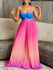 Gradient Color Print Pleated Strapless Jumpsuit