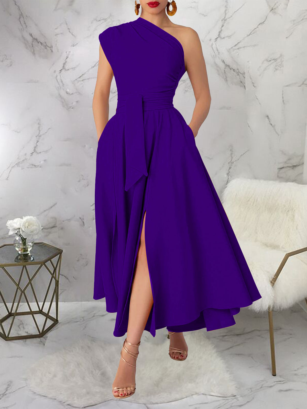 Elegant One Shoulder Pleated Party Maxi Split Dress