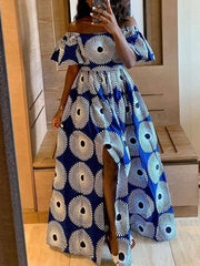 Print Off Shoulder Slim Waist Slit Maxi Dress