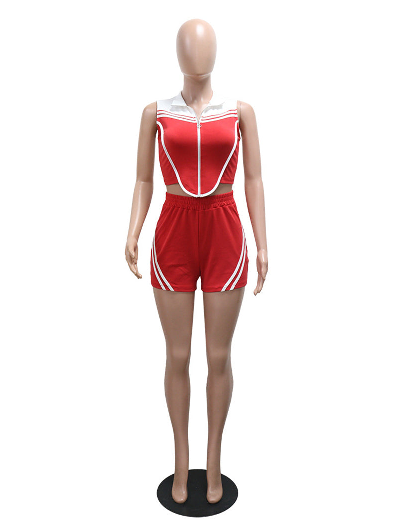 Casual Stripe Patchwork Sleeveless Shorts Two Piece Set