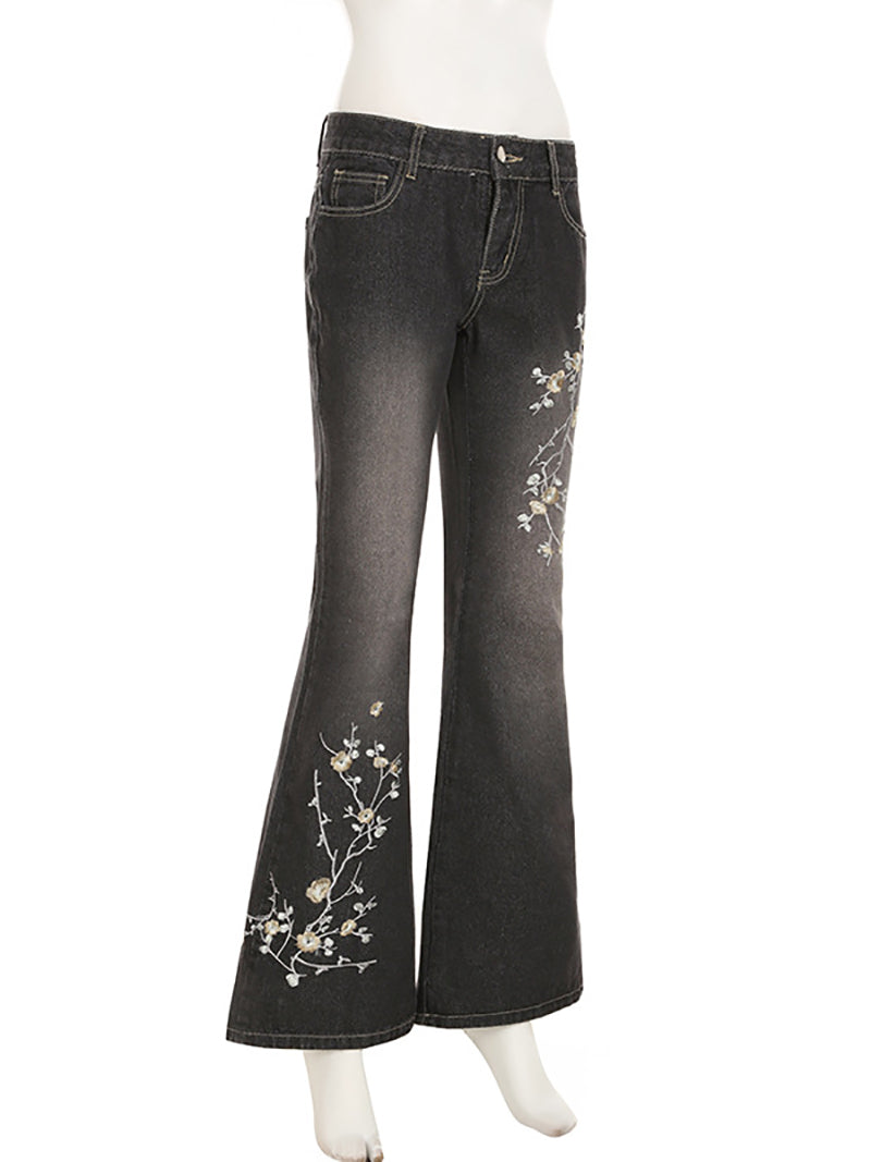 Fashion Low Rise Floral Embroidery Flared Pants Jeans