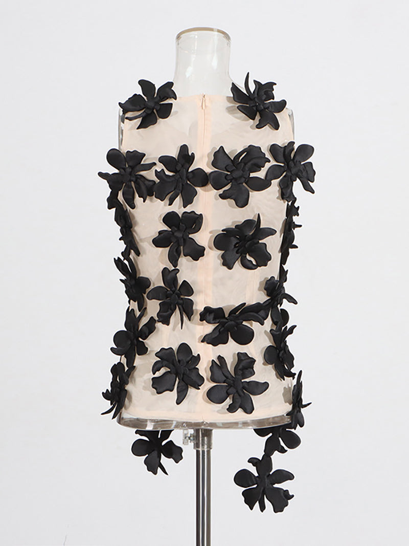 Elegant Solid Flower Patchwork Mesh Sleeveless Top