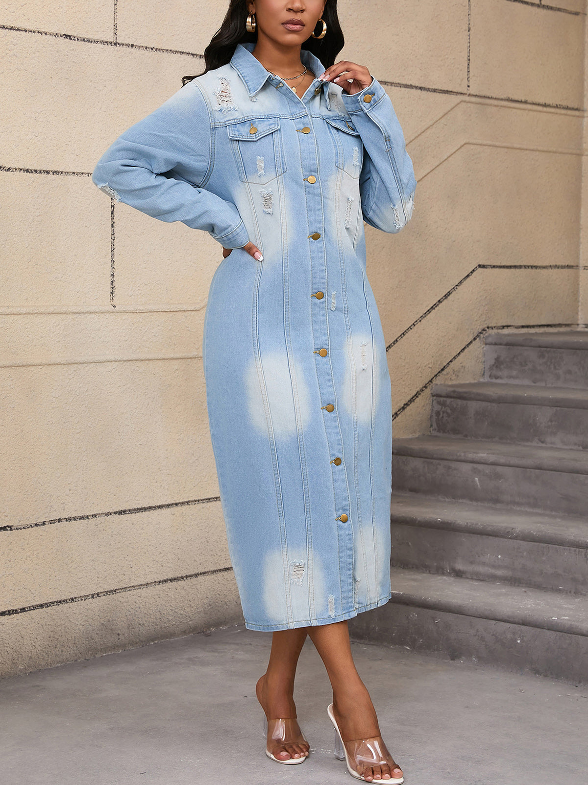 Classic Ripped Loose Long Denim Jacket Coat