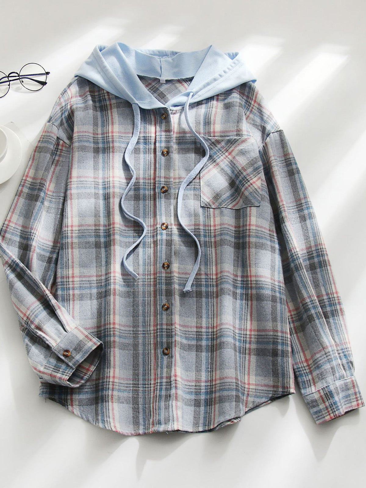 Casual Plaid Hooded Drawstring Button Down Shirt