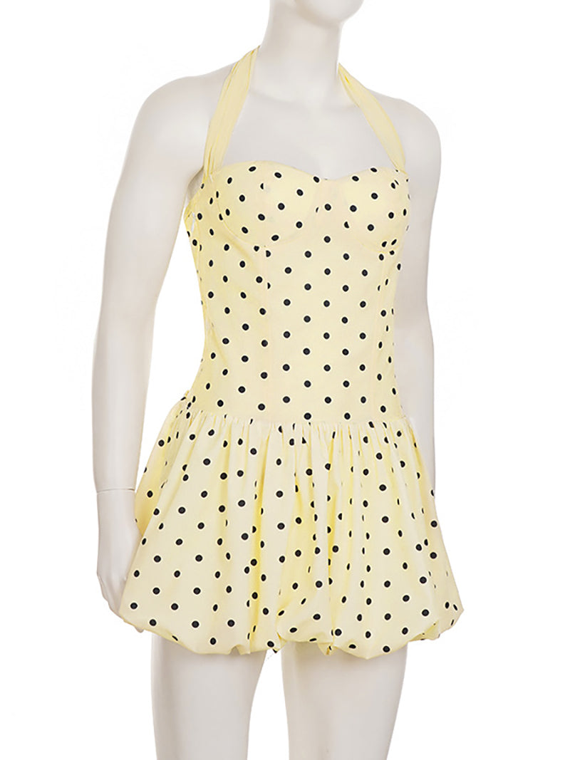 Sexy Halter Polka Dot Ribbon Bubble Mini Dress