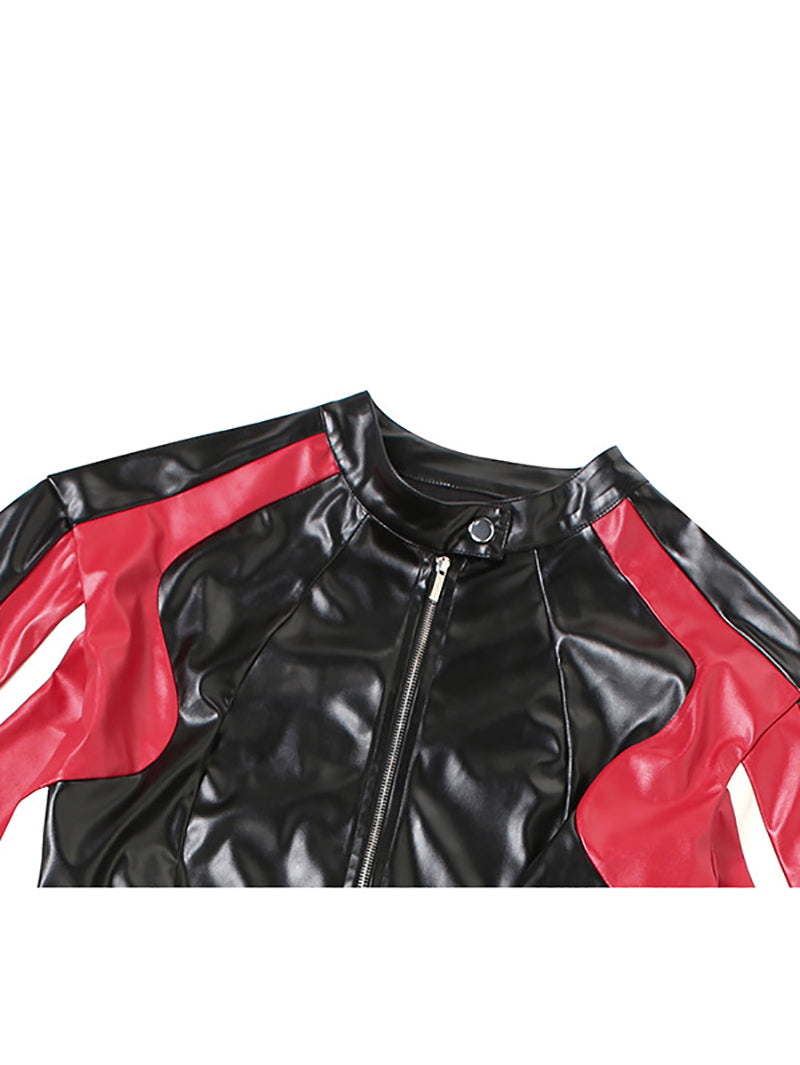 Color Block Faux Leather Zipper Cropped Jacket