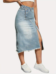 Retro High Waist Denim Split Skirt