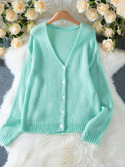 Casual V Neck Fuzzy Knit Cardigan Sweater
