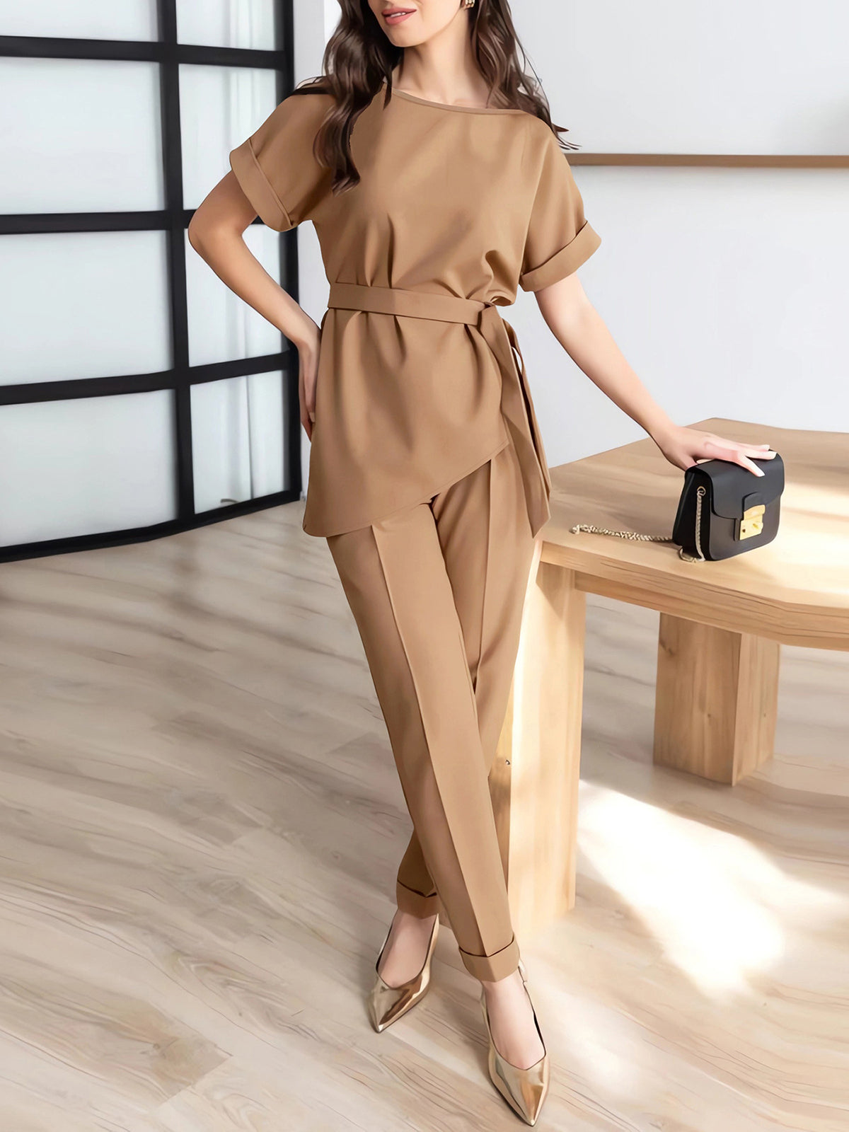 Casual Round Neck Asymmetry Tops Trousers Set