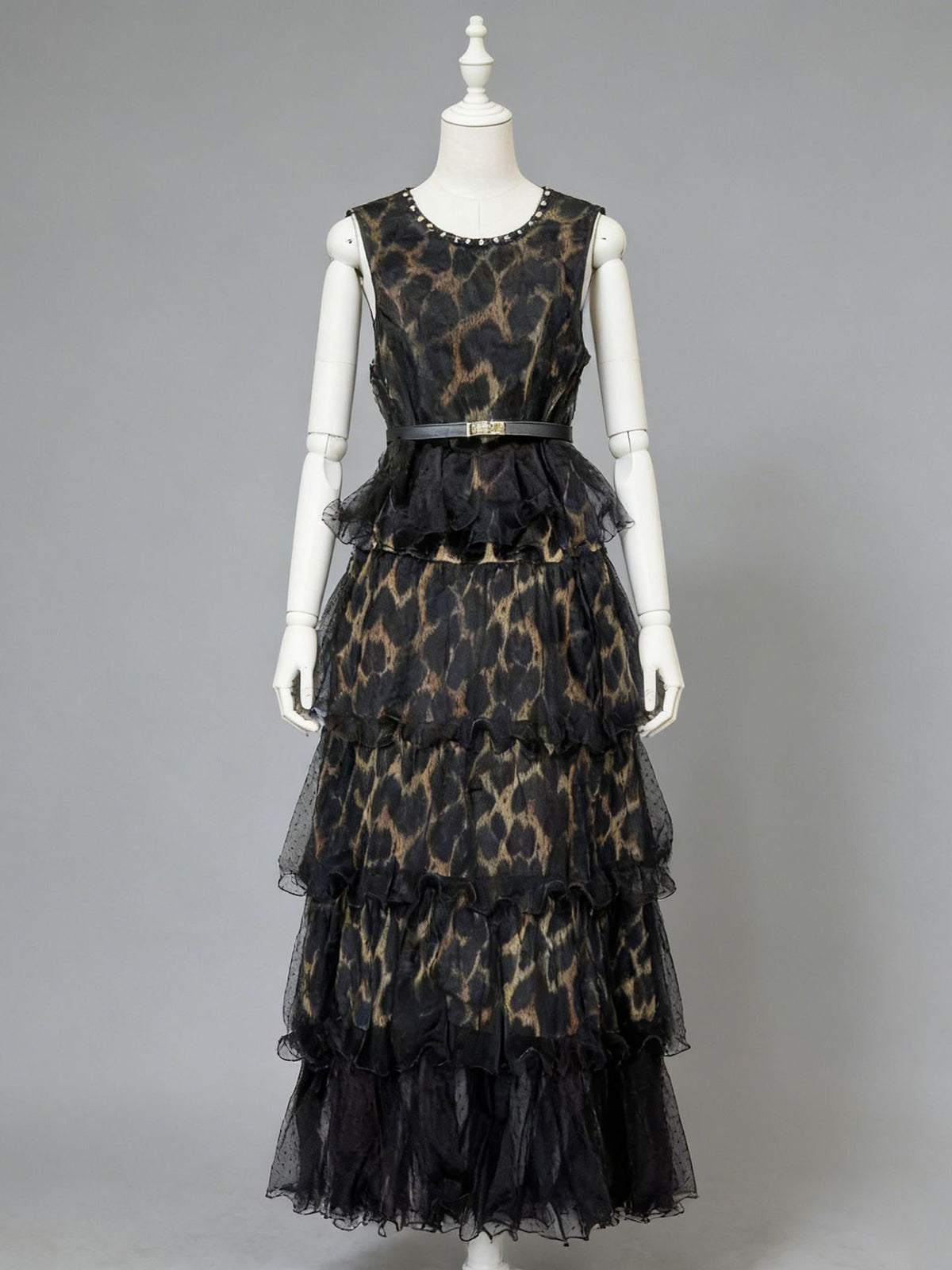 Elegant Sleeveless Leopard Print Mesh Tiered Maxi Dress