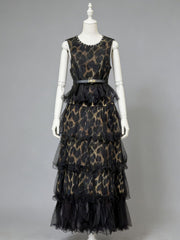 Elegant Sleeveless Leopard Print Mesh Tiered Maxi Dress