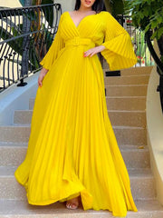 Elegant V Neck Long Sleeve Belted Pleated Maxi Dress